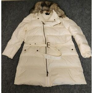Lauren Ralph Lauren Womens Cream Down Puffer Coat Faux Fur Hood Belted Parka L